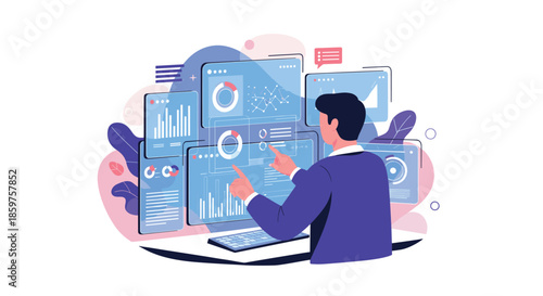 Businessman analyzing complex data on multiple interactive dashboards with charts and graphs for business intelligence and strategy.
