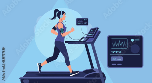 Woman running on a treadmill while monitoring her heart rate and performance data on connected screens for a smart gym workout.
