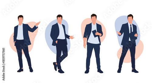 Collection of four poses of a businessman in a suit gesturing and presenting perfect for business-related illustrations.