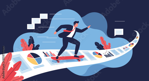 Businessman skateboarding on a winding path of financial documents and reports symbolizing a fast career path and efficiency.