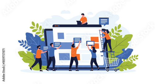 Collaborative team of small people working on web design and user interface development on a large laptop screen together.