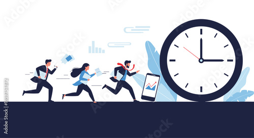 Group of business people in a hurry running a race against a large clock to meet a deadline in a competitive environment.