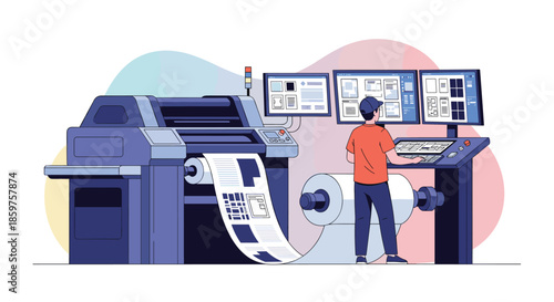 Male operator managing a large industrial printing press and computer system for mass production in a modern print factory.