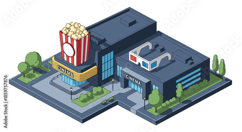Isometric vector illustration of a modern cinema building or movie theater with a giant popcorn box and 3D glasses on the roof.