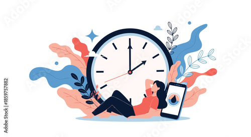 Woman relaxing against a large clock with a smartphone timer symbolizing work-life balance and effective time management.