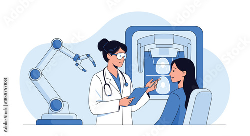 Female doctor discussing a brain scan with a patient using advanced medical technology and a robotic assistant in a clinic.