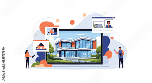 People browsing online real estate listings on a laptop and smartphones to find a new modern house for sale or for rent.