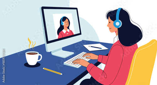 Woman at her desk with headphones engaged in a video conference call for remote work or online learning in her home office.