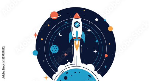 Rocket launching into space from a planet surrounded by other planets and stars representing a startup or new project launch.