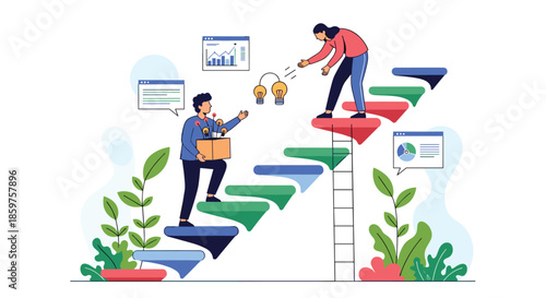 Mentor helping a colleague with new ideas climb the career ladder of success showing teamwork and professional development.