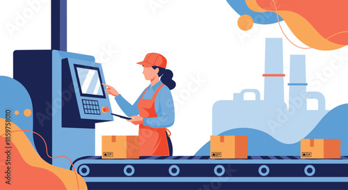 A female factory worker in uniform operates a control panel for a conveyor belt system in a modern automated production line.