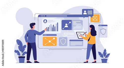 A team of business analysts a man and a woman collaborate on a large interactive dashboard to analyze data and monitor key metrics.