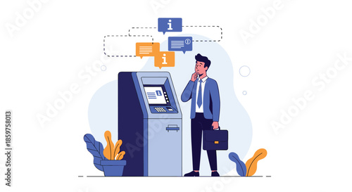 A businessman in a suit stands thoughtfully in front of an ATM machine considering his options with information icons floating above him.