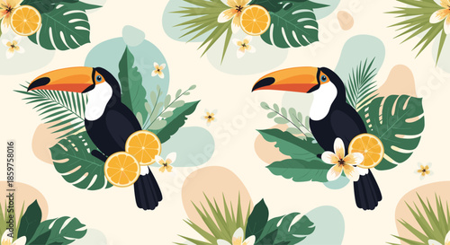 A vibrant seamless tropical pattern featuring colorful toucans exotic palm leaves beautiful flowers and fresh orange slices on a light background.