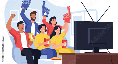 An excited group of diverse friends with foam fingers and snacks passionately cheering for their favorite team while watching sports on TV.