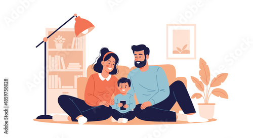 A happy young family with a child sitting together on the floor in their cozy living room using a smartphone for entertainment.