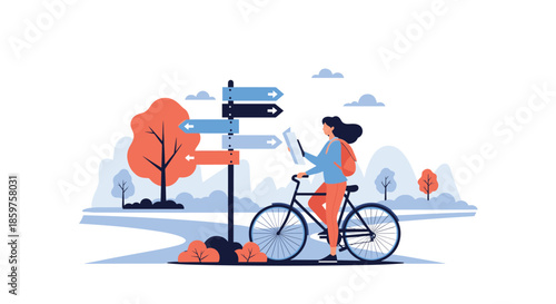 A young woman with a bicycle and backpack consults a map at a crossroads trying to decide on the right direction for her journey.