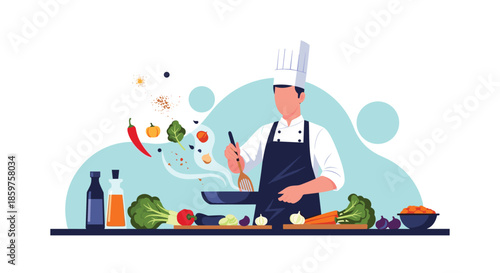 A professional male chef in uniform skillfully tosses fresh vegetables in a frying pan creating a delicious and aromatic meal.