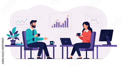 A businessman and businesswoman enjoy a friendly coffee break and conversation at the office with business charts in the background.