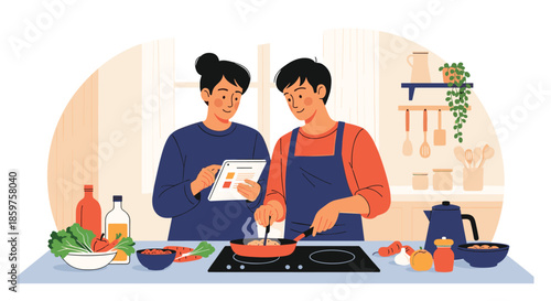 A happy young couple cooks a meal together in their modern kitchen following a recipe on a digital tablet for a fun activity.