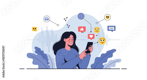A happy woman using her smartphone to interact with social media apps sending likes hearts and emojis over a voice message wave.