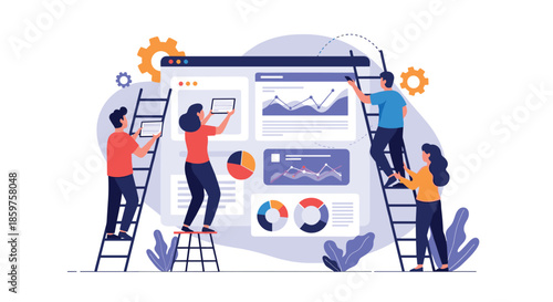 A collaborative team works on ladders to build and organize a large interactive dashboard with charts for data analysis.