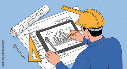 An architect in a hard hat uses a digital tablet to draw house blueprints at a desk with traditional drafting tools.