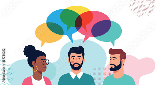 A diverse group of people engaged in an open conversation with colorful speech bubbles representing communication and shared ideas.