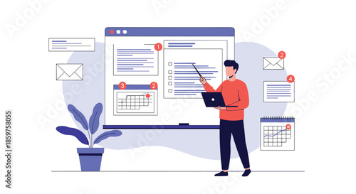 A man with a laptop gives a business presentation pointing to a digital whiteboard with a task list calendar and email notifications.
