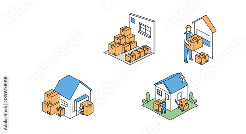 An isometric icon set showing different stages of moving house including packing boxes loading a truck and arriving at the new home.