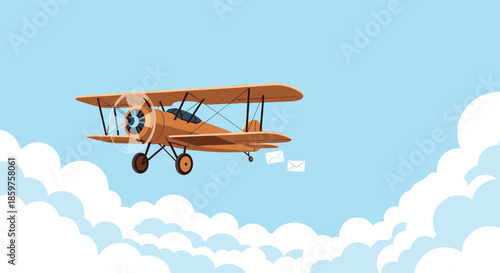 A vintage biplane flies through a cloudy blue sky delivering letters representing old-fashioned air mail and communication.