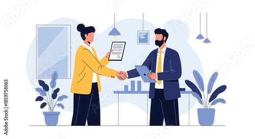 A businessman and businesswoman shake hands in a modern office to celebrate a new partnership after signing a business contract.