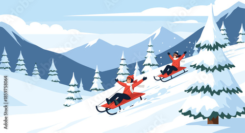 Two happy friends in winter clothes enjoy sledding down a steep snowy hill in a beautiful mountain landscape with pine trees.