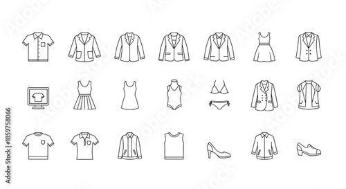 A comprehensive set of linear icons representing various types of men's and women's clothing apparel and fashion accessories.