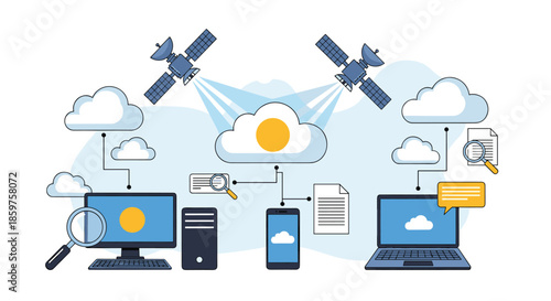 A network diagram showing data synchronization and file sharing between computers and mobile devices through cloud computing satellites.