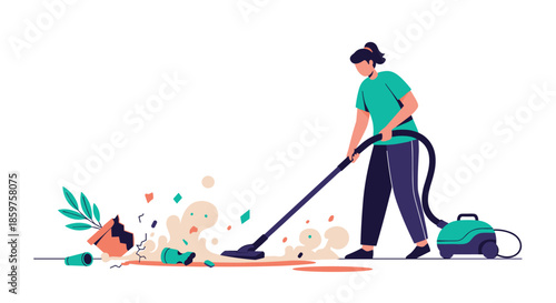 A young woman is cleaning up a mess on the floor with a vacuum cleaner after accidentally breaking a flower pot at home.