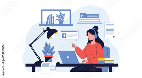 A young woman with headphones studies online at her desk with a laptop books and a lamp for a remote education webinar.