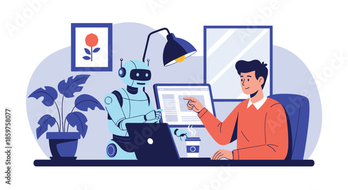 Man and a friendly robot collaborating on a project at a desk illustrating human-AI teamwork and artificial intelligence.