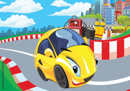 Cartoon scene with racing car on the track sports car near the city illustration for children