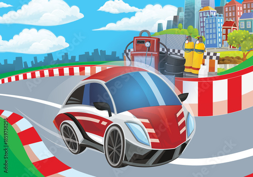 Cartoon scene with racing car on the track sports car near the city illustration for children