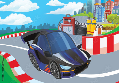 Cartoon scene with racing car on the track sports car near the city illustration for children