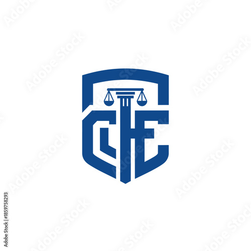 A blue shield logo with scales of justice and intertwined letters on a white background viewed from the front