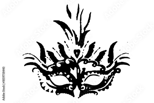 Vector image of a mask and streamers for a carnival costume, representing a joyful Brazilian celebration, on a transparent white background with space for text.