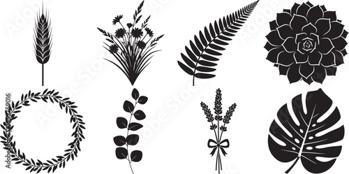 Botanical leaf and plant silhouette set featuring flowers herbs fern and decorative floral wreath
