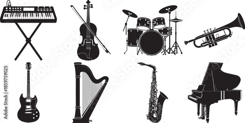 Set of musical instruments vector illustrations including piano, guitar, violin, drum kit and saxophone