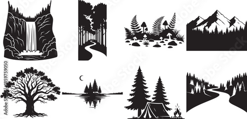 Beautiful nature landscapes and outdoor scenes with waterfall, forest, mountains, trees, campfire, tent