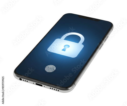 Modern smartphone displays a glowing padlock icon on its screen, symbolizing digital data protection and biometric authentication with a fingerprint.
