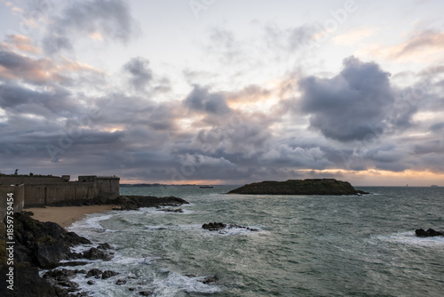 Saint-Malo beach during high tide in Bretagne, France