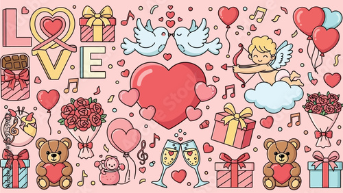Valentine's Day celebration symbols, gifts, and romantic elements illustration