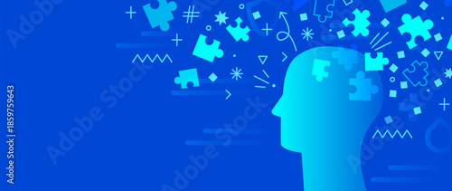 Abstract blue brainstorming concept with human head silhouette and flying jigsaw puzzle shapes. Creative thinking, AI innovation, data mind flow and idea generation background. Modern cognitive design